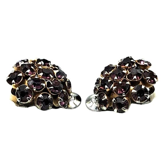 Vintage Purple Rhinestone Earr Gold-Tone Clip-On Earrings With Purple Rhinestone - Picture 3 of 8